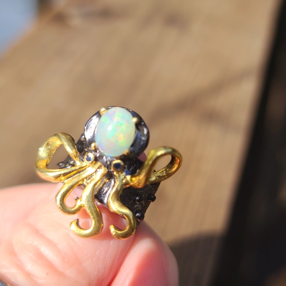 Opal & Sapphire Sterling rhodium & gold Octopus 🐙 ring sz5 - Picture 6 of 7